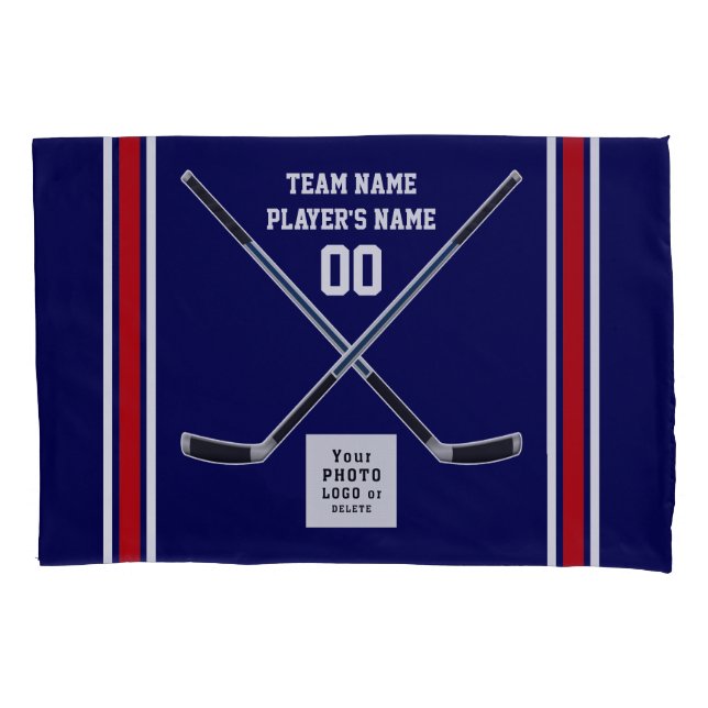 Personalised Hockey Pillow Cases, Navy Blue, White Pillowcase (Front)