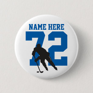 Personalised Hockey Player Name Number blu Pinback 6 Cm Round Badge