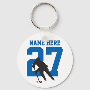 Personalised Hockey Player Name Number blue Key Ring