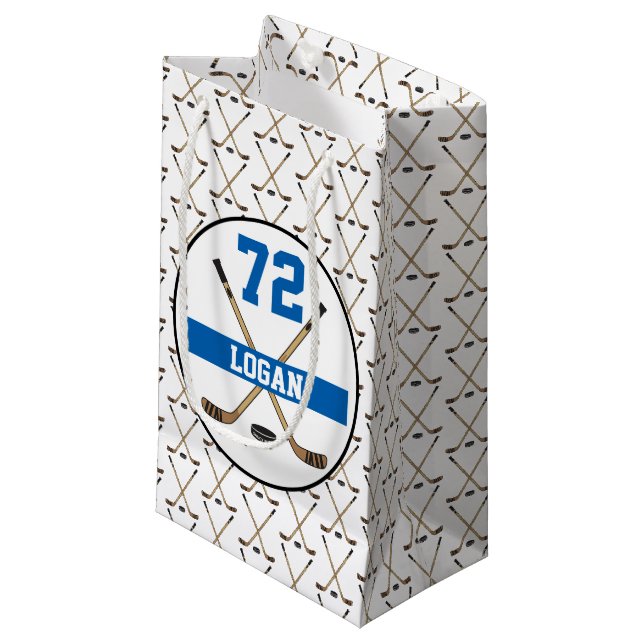 Personalised Hockey Player Name Number Blue Sticks Small Gift Bag (Front Angled)