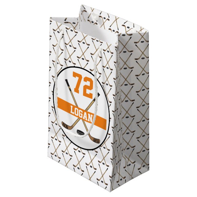 Personalised Hockey Player Name Number orange Small Gift Bag (Front Angled)