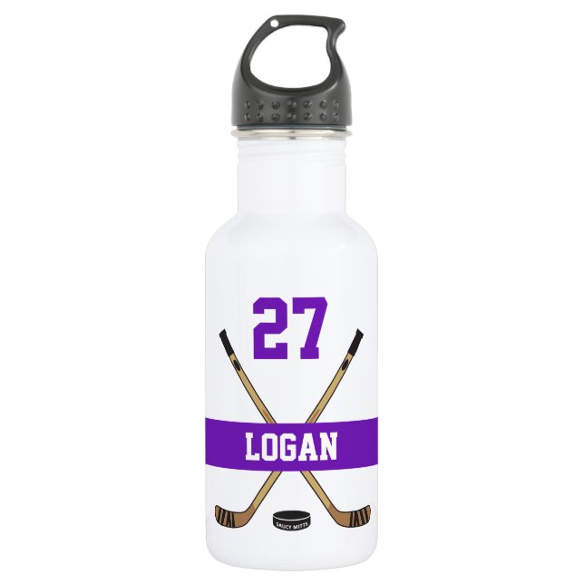 Personalised Hockey Player Name Number Purple 532 Ml Water Bottle (Front)
