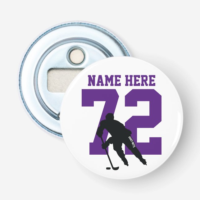 Personalised Hockey Player Name Number Purple Bottle Opener (Front)