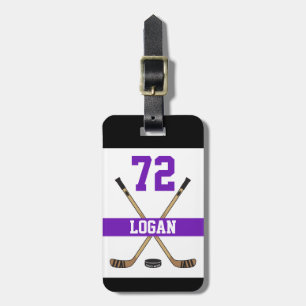 Personalised Hockey Player Name Number Purple Luggage Tag