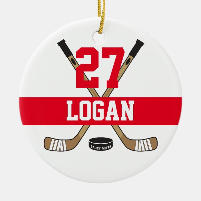 Personalised Hockey Player Name Number Red Ceramic Tree Decoration (Front)