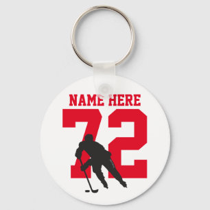 Personalised Hockey Player Name Number red Key Ring