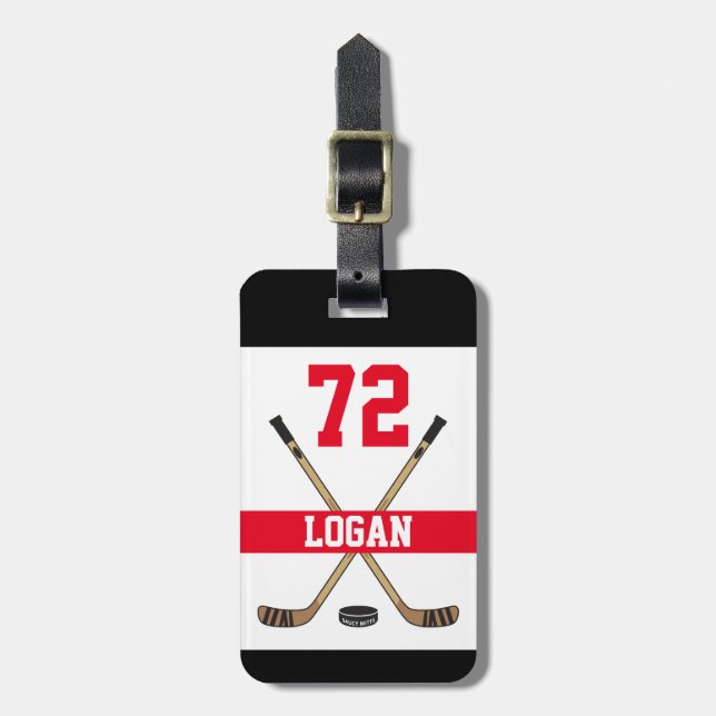 Personalised Hockey Player Name Number Red Luggage Tag (Front Vertical)