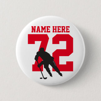 Personalised Hockey Player Name Number Red Pinback 6 Cm Round Badge