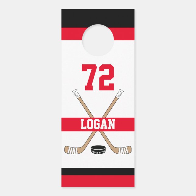 Personalised Hockey Player Name Number Red Room Door Hanger (Front)