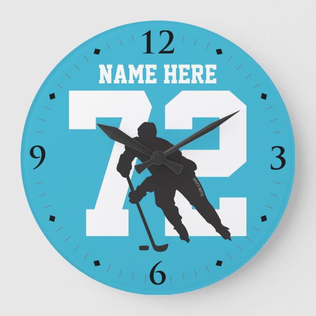 Personalised Hockey Player Name Number Shark Blue Large Clock (Front)