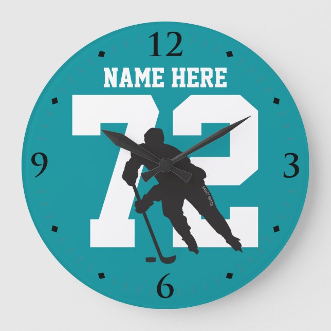 Personalised Hockey Player Name Number Shark Teal Large Clock (Front)