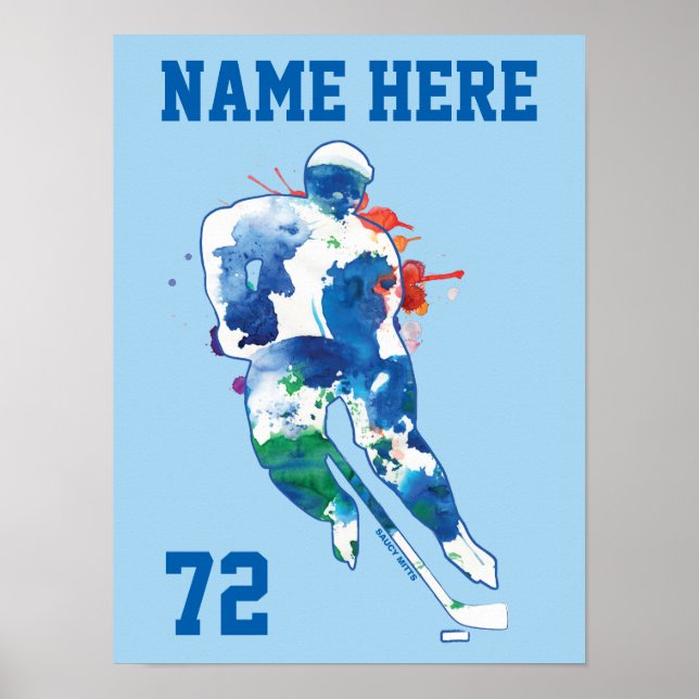 Personalised Hockey Player Name Number Watercolor Poster (Front)
