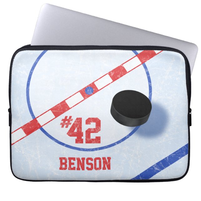 Personalised Hockey Players Centre Ice & Puck Laptop Sleeve (Front)