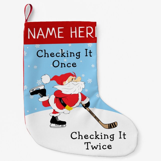 Personalised Hockey Santa Checking It Twice Small Christmas Stocking (Front)