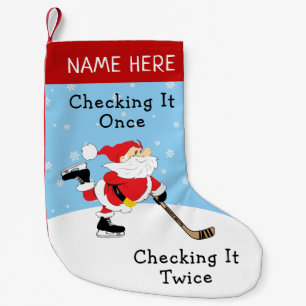 Personalised Hockey Santa Checking It Twice Small Christmas Stocking