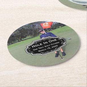 Personalised Hole In One Golf Photo and Stats Round Paper Coaster