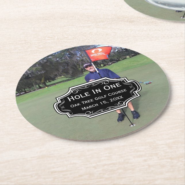 Personalised Hole In One Golf Photo and Stats Round Paper Coaster (Angled)