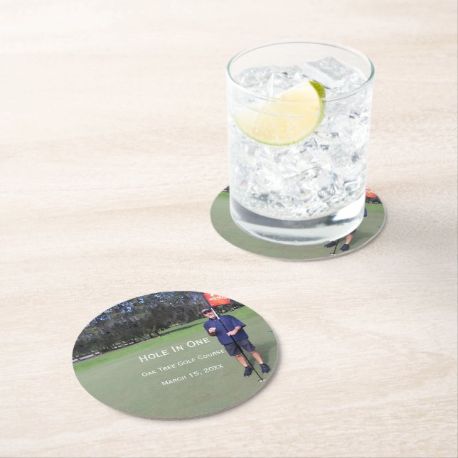 Personalised Hole In One Golf Photo and Stats Round Paper Coaster (Insitu)