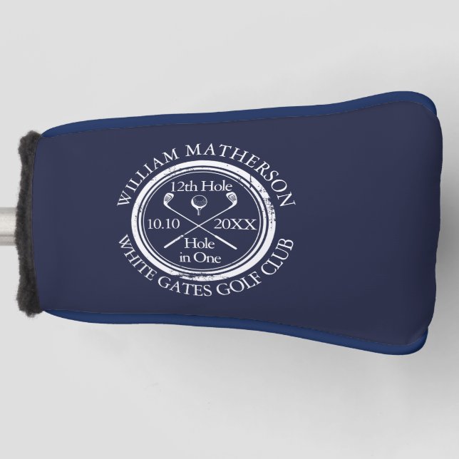 Personalised Hole in One Navy Blue Golf Head Cover (Front)