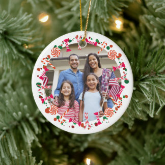 Personalised Holiday Candy Border Photo Ceramic Tree Decoration