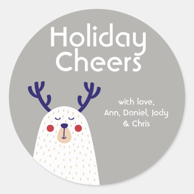 Personalised Holiday Cheers Bear with Antlers Classic Round Sticker (Front)