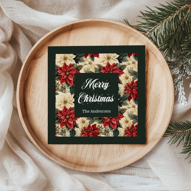 Personalised Holiday Napkins Red Poinsettia Print (Vintage Poinsettia Napkins Classic Red Green Style)