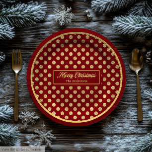 Personalised Holiday Paper Plates Red & Gold Dots