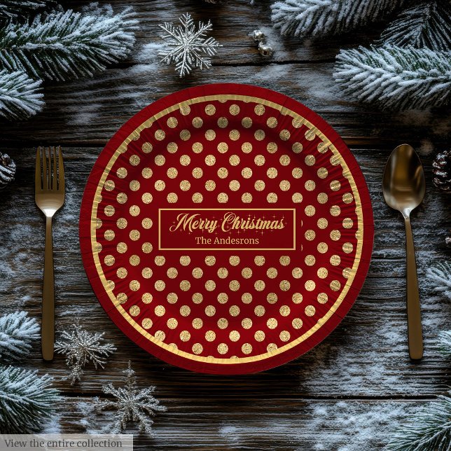 Personalised Holiday Paper Plates Red & Gold Dots (Personalized Holiday Paper Plates Red & Gold Dots)