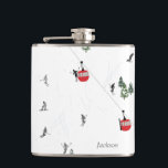 Personalised Holiday Skiing Ski Lift  Hip Flask<br><div class="desc">Modern Alpine ski,  skiing,  skier-themed design with skiers and snowboarders skiing down the snowy mountain under retro red ski lift gondolas. Simple festive holiday gold ski illustration for ski lovers.</div>
