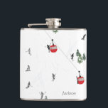 Personalised Holiday Skiing Ski Lift  Hip Flask<br><div class="desc">Modern Alpine ski,  skiing,  skier-themed design with skiers and snowboarders skiing down the snowy mountain under retro red ski lift gondolas. Simple festive holiday gold ski illustration for ski lovers.</div>