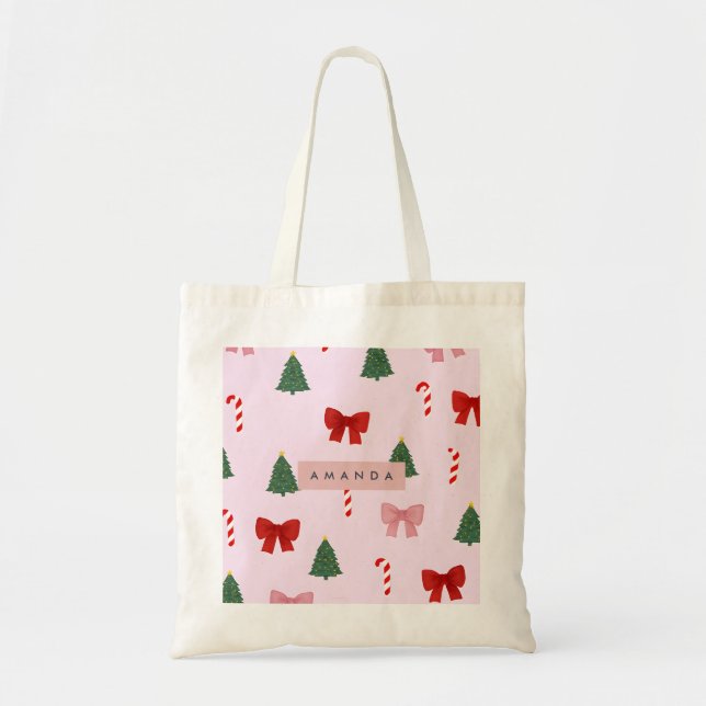 Personalised Holiday Tree & Candy Cane Pattern Tote Bag (Front)