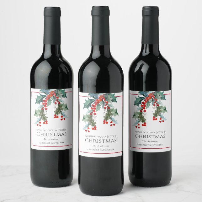 Personalised Holly and Berries Christmas Holiday Wine Label (Bottles)