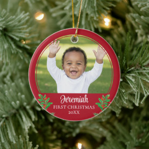 Personalised Holly BABY'S FIRST CHRISTMAS Ceramic Tree Decoration