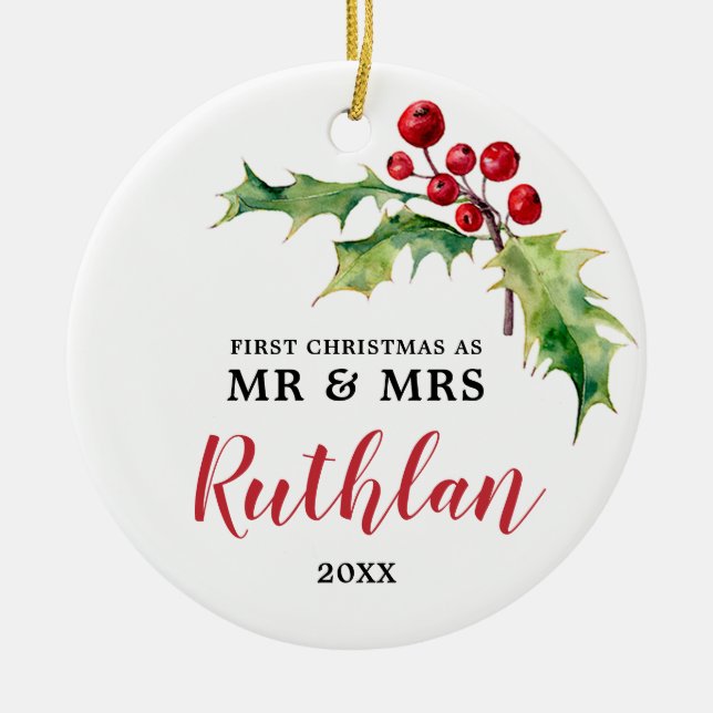 Personalised Holly Berry Greenery Newlyweds Custom Ceramic Tree Decoration (Front)