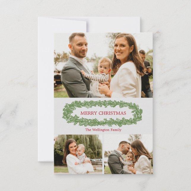 Personalised Holly Leaves Christmas Photo Card (Front)