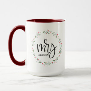 Personalised holly wreath Our First Christmas Mrs Mug