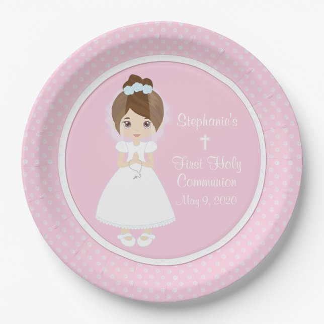 Personalised Holy Communion - Brunette Girl Paper Plate (Front)