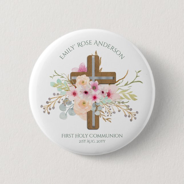 Personalised Holy Communion Floral Cross 6 Cm Round Badge (Front)