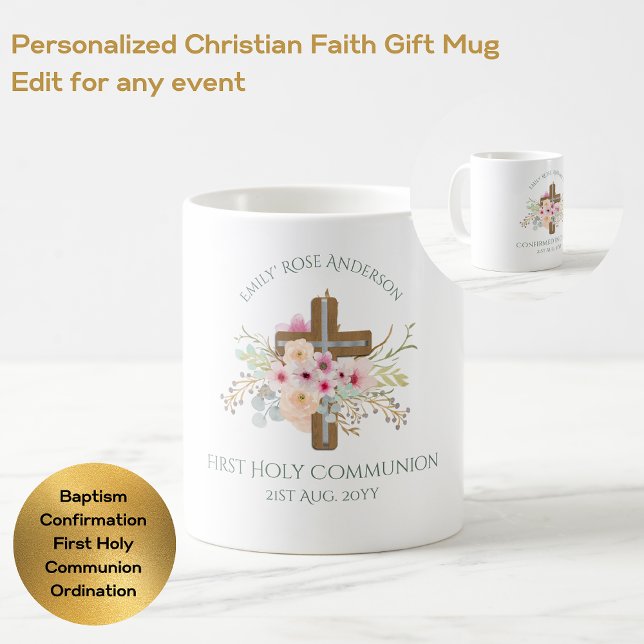 Personalised Holy Communion Floral Cross Coffee Mug (Creator Uploaded)