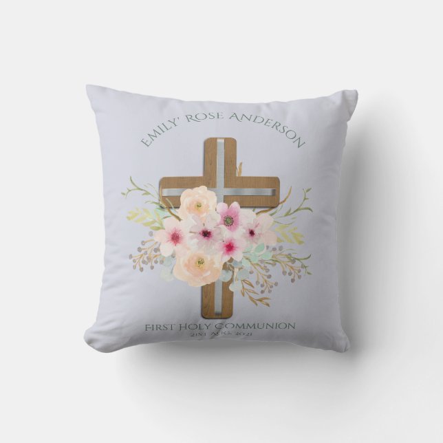 Personalised Holy Communion Floral Cross Cushion (Front)