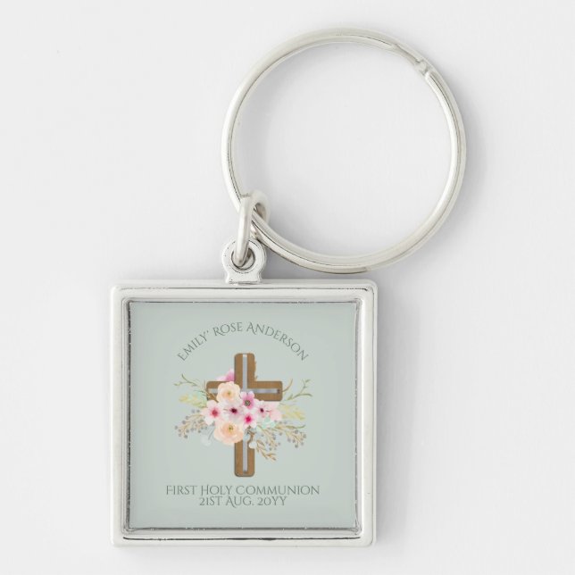 Personalised Holy Communion Floral Cross Key Ring (Front)