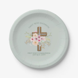 Personalised Holy Communion Floral Cross Paper Plate