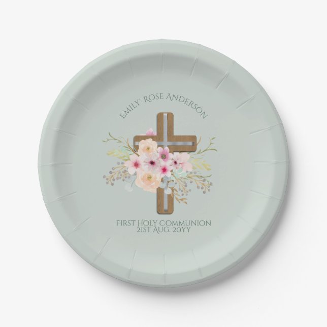 Personalised Holy Communion Floral Cross Paper Plate (Front)