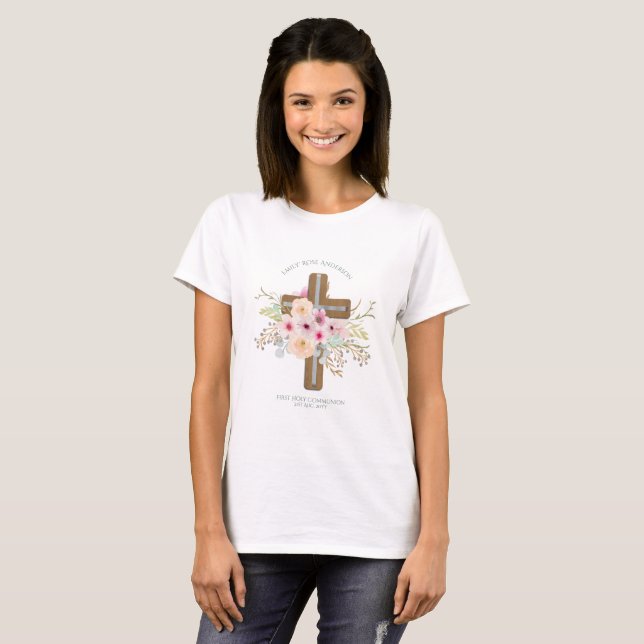Personalised Holy Communion Floral Cross T-Shirt (Front Full)