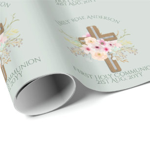 Personalised Holy Communion Floral Cross Wrapping Paper