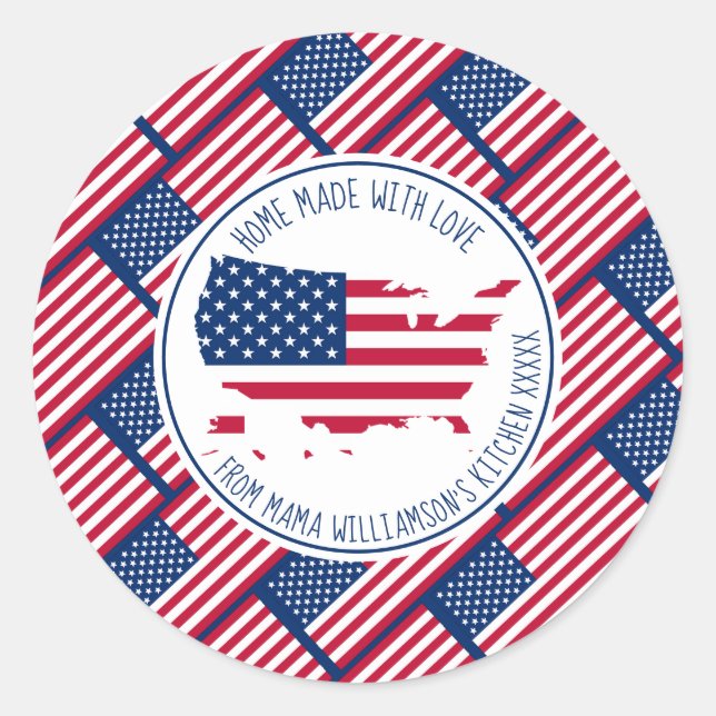 Personalised HOME MADE WITH LOVE America USA Flag Classic Round Sticker (Front)