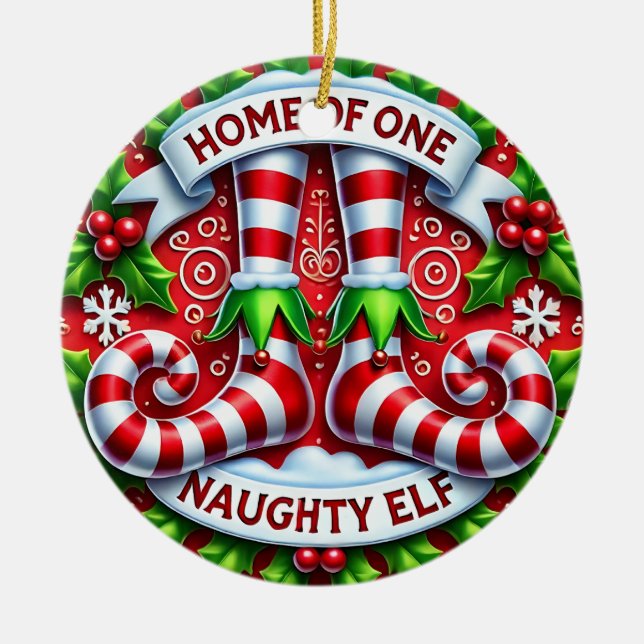 Personalised Home Of One Naughty Elf  Ceramic Tree Decoration (Front)