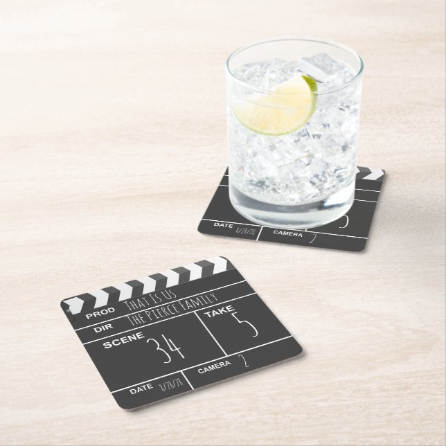 Personalised Home Theatre Custom Movie Clapboard Square Paper Coaster (Insitu)