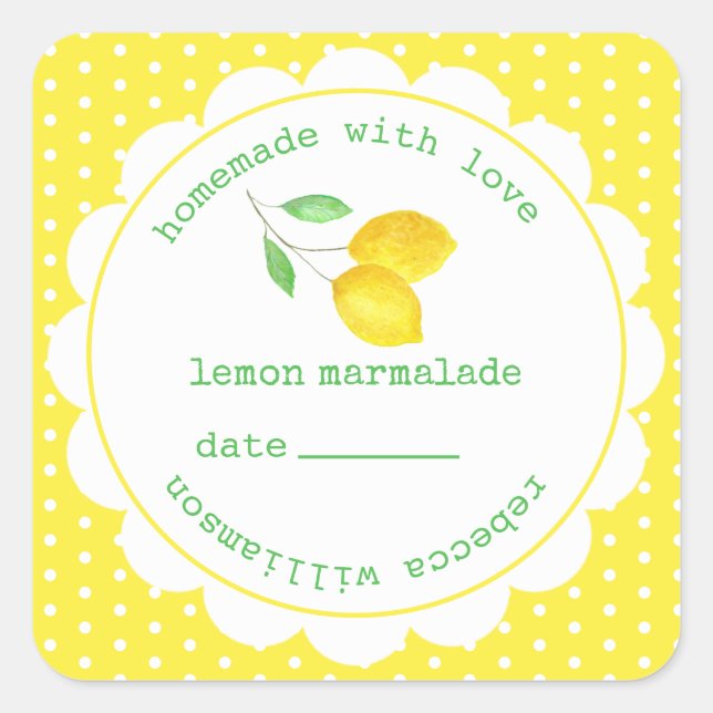 Personalised  Homemade Lemon Marmalade Jar  Square Sticker (Front)