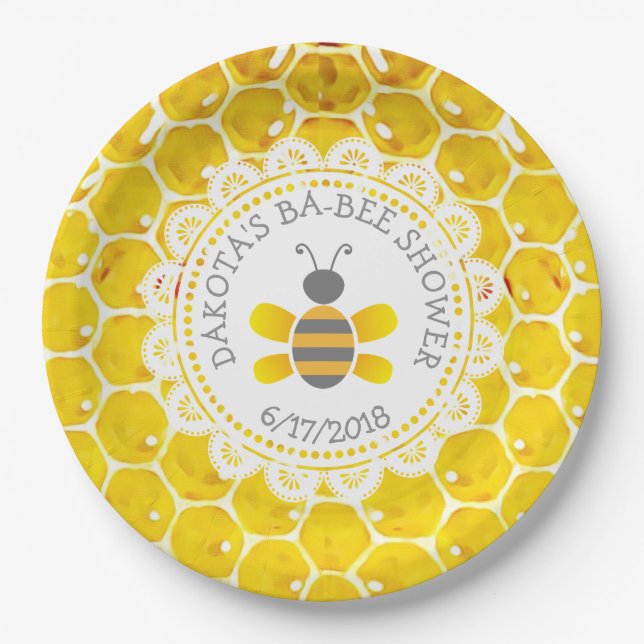 Personalised Honey and Bee Baby Shower Paper Plate (Front)